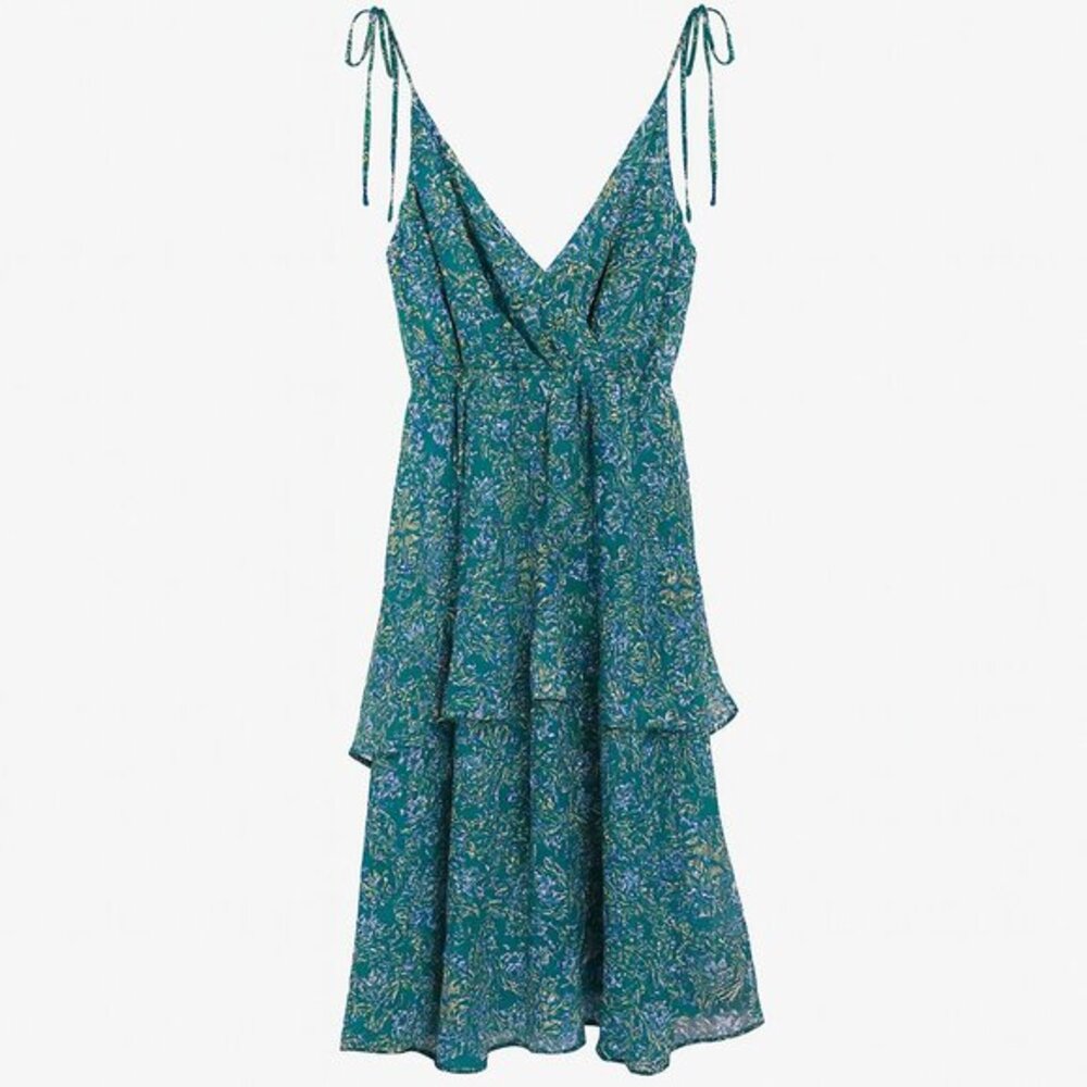Lulus Floral Paisley Tiered Mini Dress Green Womens Size Small Tie Strap V-Neck